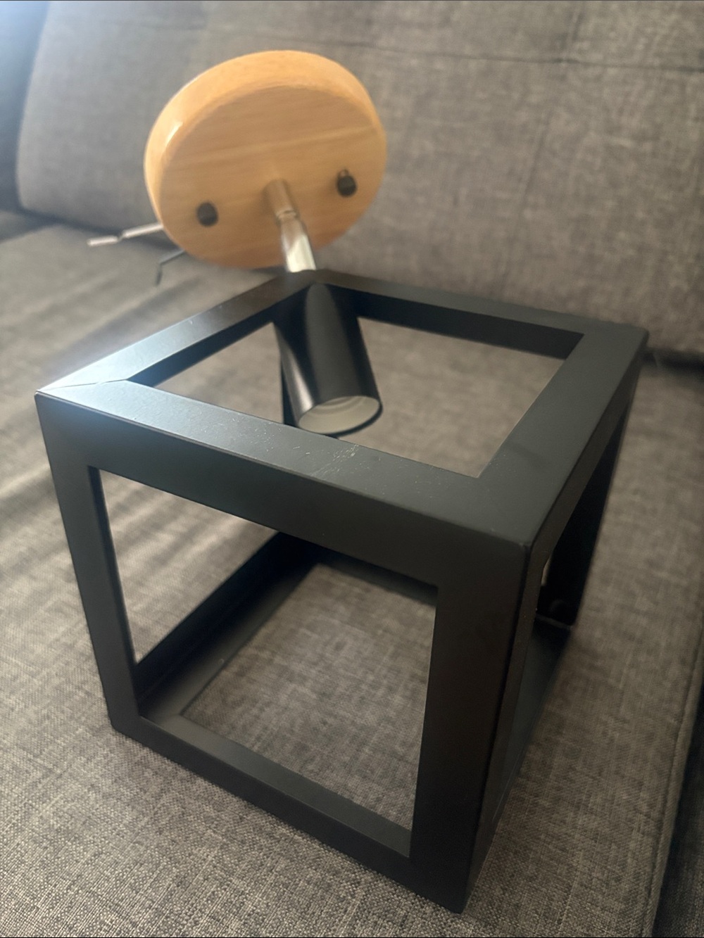 Modern Black Cube Light Fixture with Wood Accent